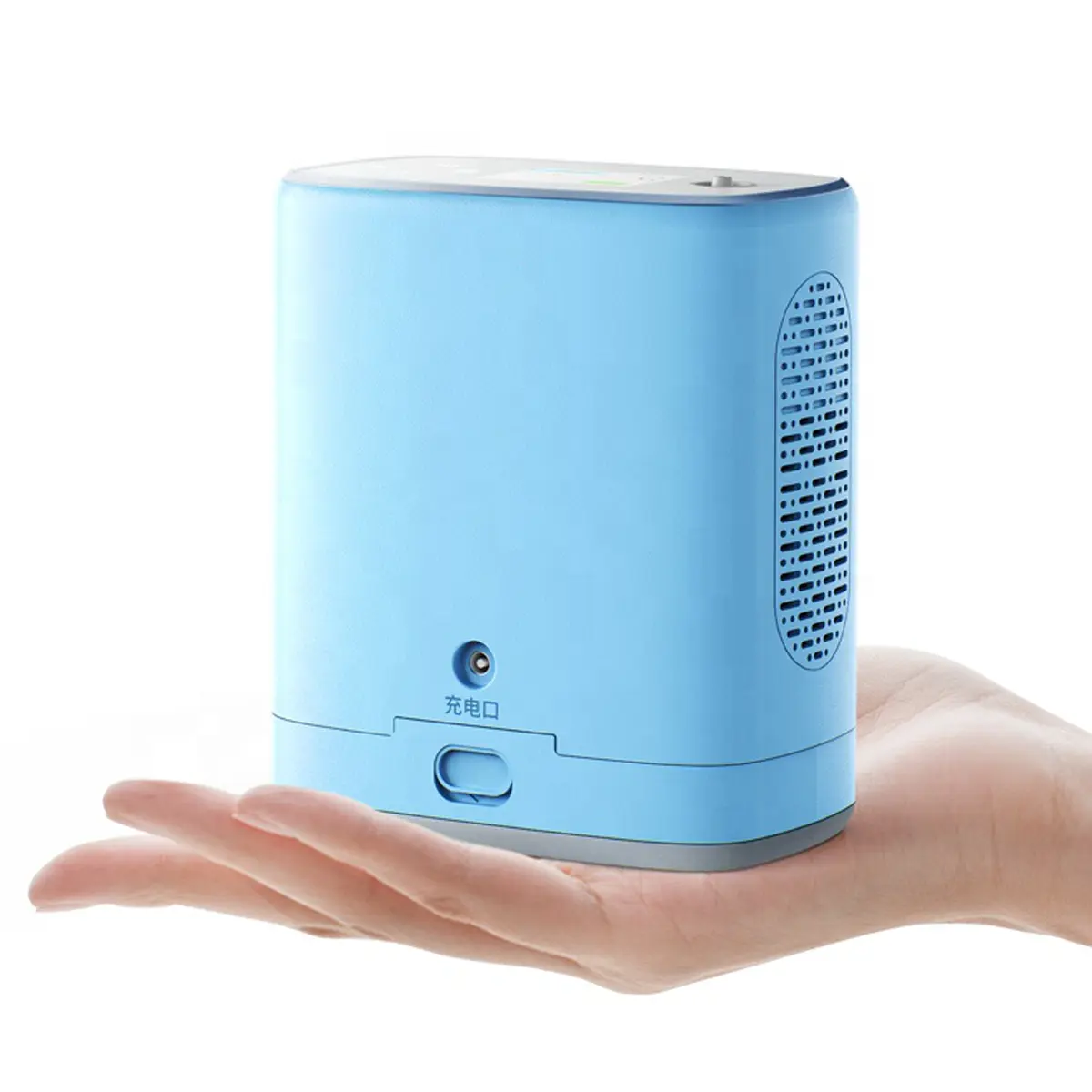 A hand holding a small and lightweight DEDAKJ portable pulse flow oxygen concentrator, demonstrating its compact and ergonomic design
