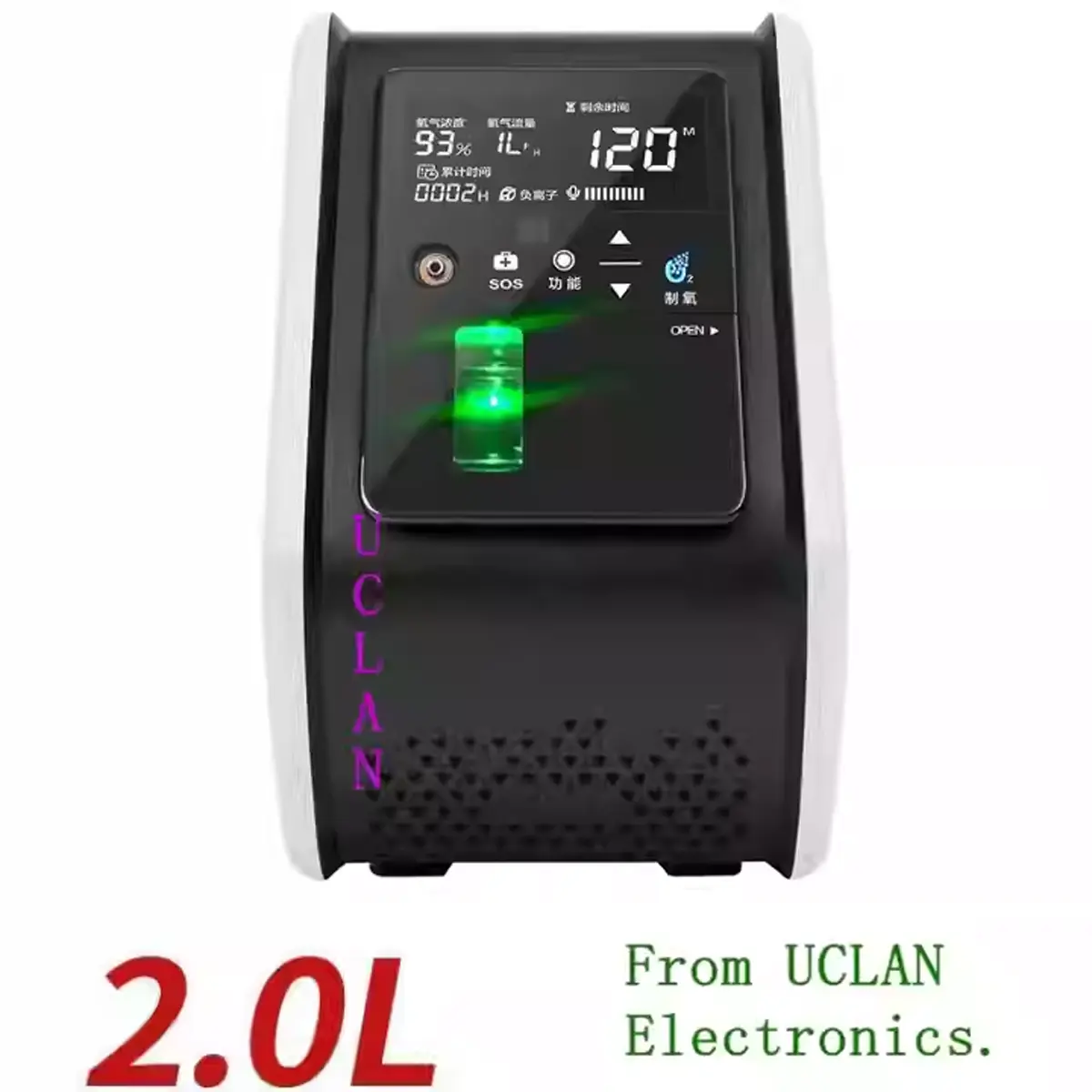 Oxygen concentrator screen showing 96% oxygen purity, SOS function, timer